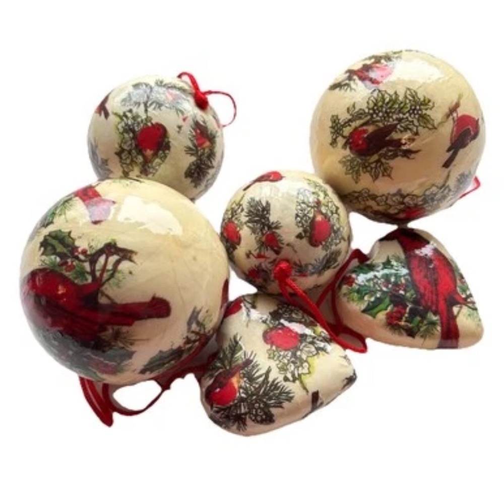 Red Cardinal Decoupage Heart Ball Christmas Ornaments Lot of 6